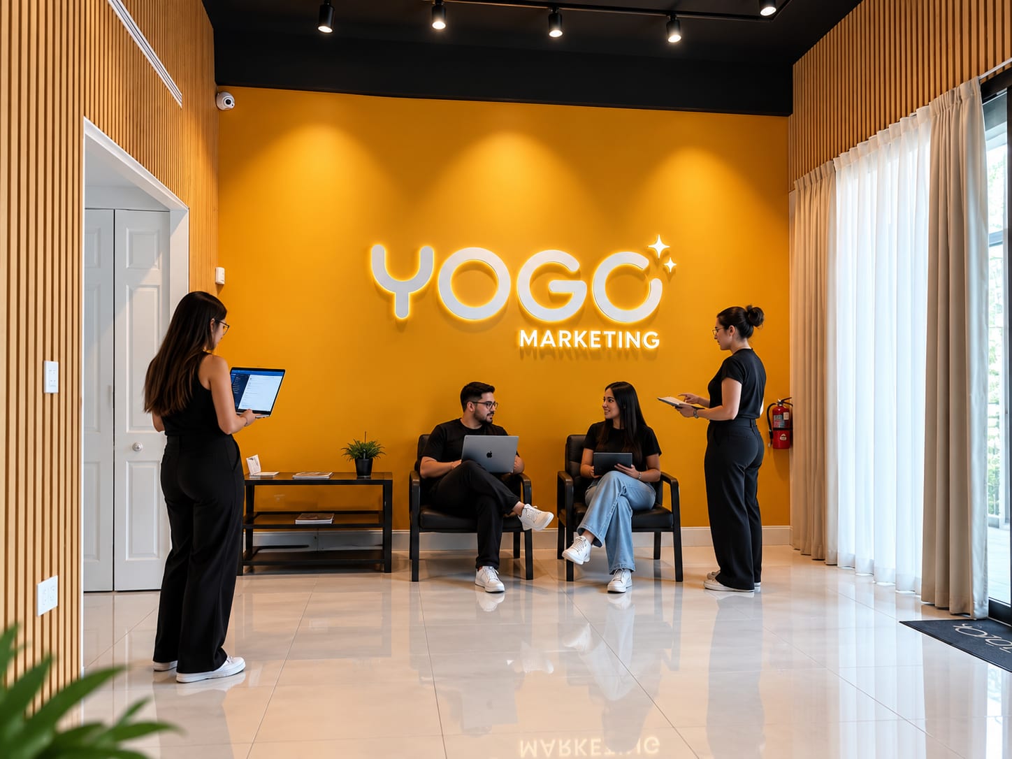 Four team members working with laptops and tablets in front of the orange wall with the lit YOGO Marketing logo