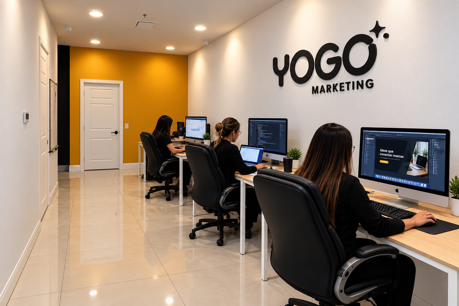 YOGO team working at their office desks, under the YOGO Marketing logo on the wall