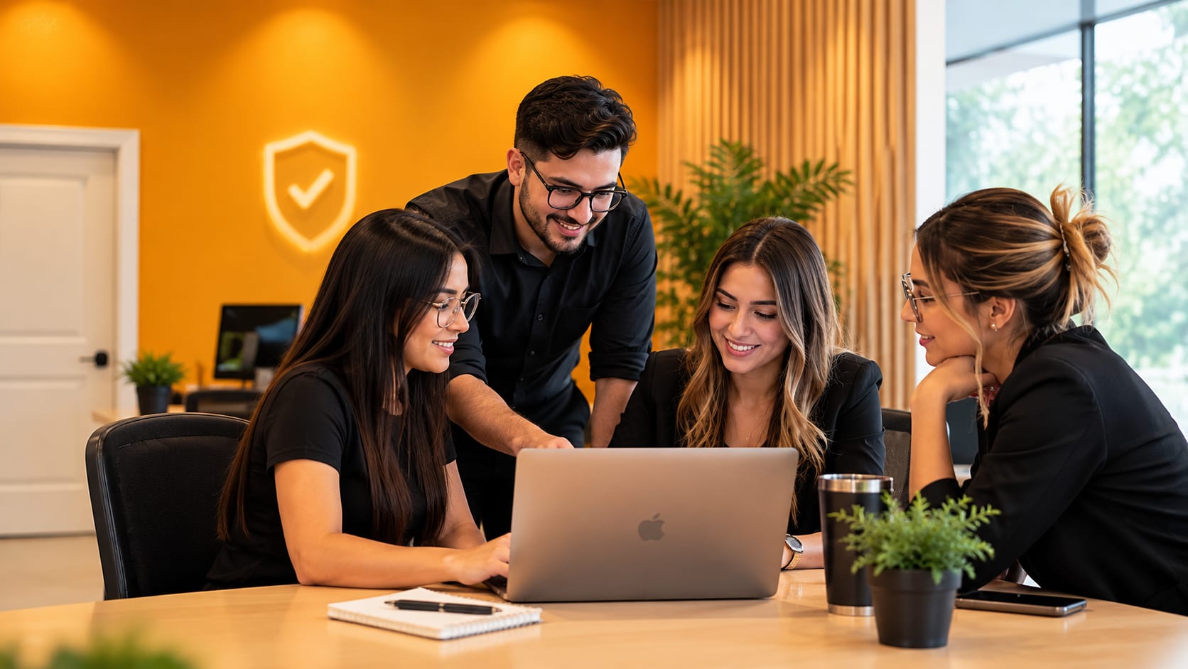 Four smiling people around a laptop at an office meeting table